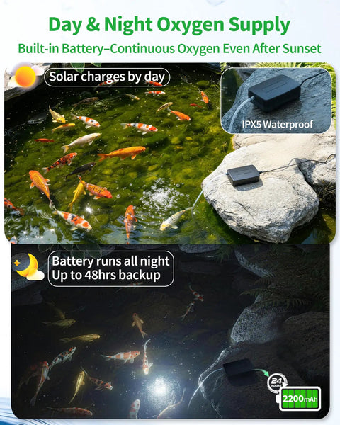 Day and night view of solar pond aerator with battery backup, showing 3W solar air pump in small pond with fish.