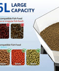 No Sweat Solar Automatic Fish Feeder For Outdoor Pond And Aquarium showing 6L capacity with compatible and incompatible fish food.