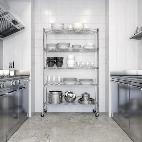 Built Like A Tank Heavy Duty 5 Tier Steel Wire Shelving Unit With 800 Pounds Capacity Per Shelf Chrome Plated NSF Certified Adjustable Legs For Garage Commercial Warehouse Kitchen Home Office Utility Storage Rack Organizer System