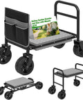 Three In One Rollin Garden Stool With 360 Degree Wheels Foldable Kneeler And Seat Extendable Legs Thick Cushioned Pad And Built In Tool Pouches Heavy Duty Garden Bench For Seniors Converts From Kneeler To Cart To Stand Up Seat