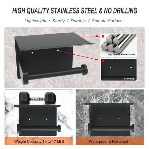 Detailed view of Black Wall Mounted Toilet Paper Holder With Shelf That Fits Mega Roll Up To 5.51 Inches Diameter SUS 304 Stainless Steel