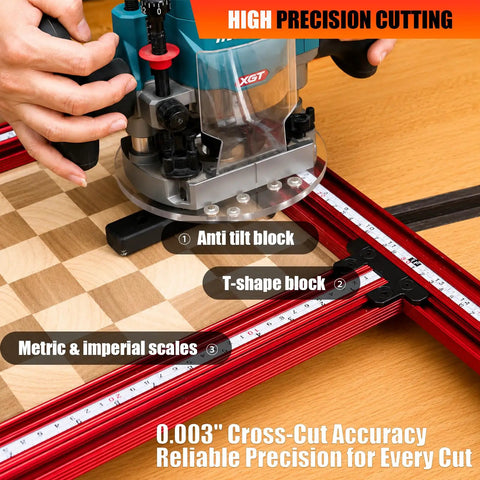 Adjustable Router Jig For Game Changing Woodworking, Straight Shot Juice Groove Template With Anodized Aluminum Rail, Smooth As Butter Routing, Metric And Imperial Markings, Solid Rig For Up To 25 Inch Work Areas with anti tilt and T-shape blocks
