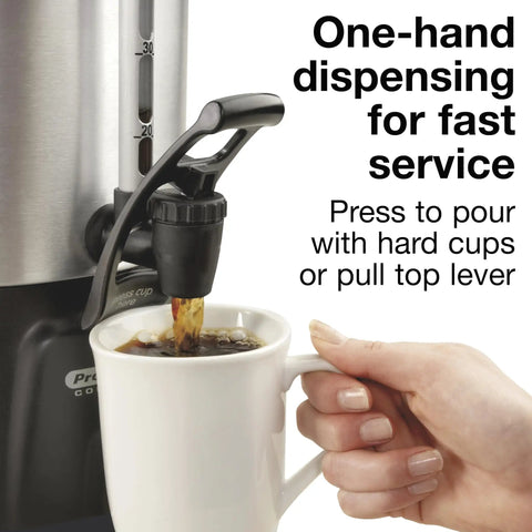 Boss Level 100 Cup Coffee Urn With Fast Brewing One Hand Dispensing Dual Heaters Brushed Aluminum Finish NSF Listed Commercial Grade