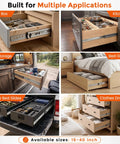 30 Inch Heavy Duty Side Mount Drawer Slides With 250 Lb Load Rating And Full Extension Pullout Rails For Pantries Garages And Rvs shown in various applications.