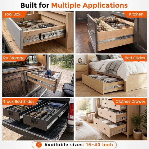 30 Inch Heavy Duty Side Mount Drawer Slides With 250 Lb Load Rating And Full Extension Pullout Rails For Pantries Garages And Rvs shown in various applications.