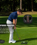 Golfer using Ultimate Pop Up Golf Chipping Net Set For Portable Practice On The Go with hitting mats on grass