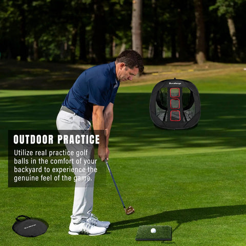 Golfer using Ultimate Pop Up Golf Chipping Net Set For Portable Practice On The Go with hitting mats on grass