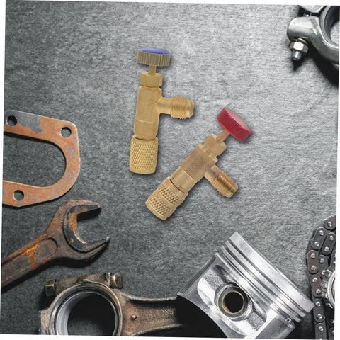 Heavy Duty Brass Refrigerant Valve Adapter Swaps R410 To R22 Smooth As Silk For Car Ac And Ev Coolers No Sweat Plug Right In Quick Install Fitting Kit With Injector against a workshop backdrop.