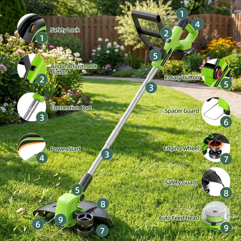 Cordless 21V Weed Wacker And Lawn Edger 9000 RPM Power 12 Inch Cutting Width Auto Line Feed 2x2.0Ah Battery in garden setting