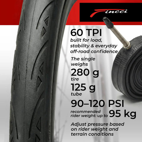 Close-up of black 700x23c road bike tire with slick tread, inner tube and 60mm Presta valve, emphasizing specifications and features.