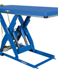 Heavy Duty Electric Hydraulic Lift Table With Four Sided Toe Guards 48 By 96 Inch Steel Deck 4000 Lb Capacity side view of lift table
