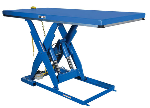 Heavy Duty Electric Hydraulic Lift Table With Four Sided Toe Guards 48 By 96 Inch Steel Deck 4000 Lb Capacity side view of lift table