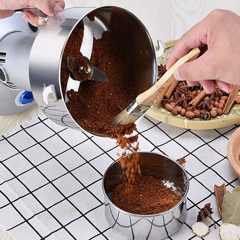 Stainless Steel Grain Mill Grinder For Home And Commercial Use, Superfine Powder Machine pouring ground spice into bowl
