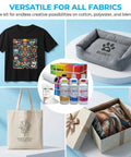 All In One Direct To Film Printing Kit With CMYK Plus White Ink showing fabric print designs and kit contents