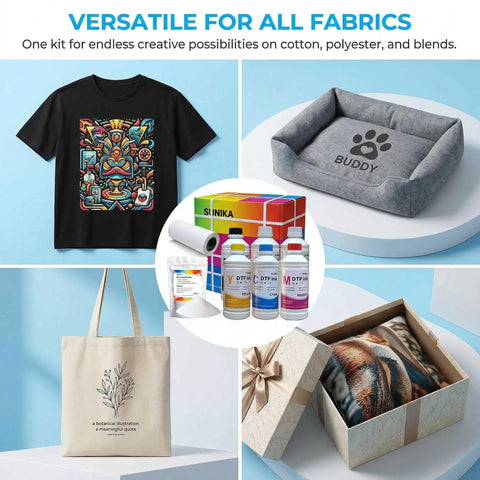 All In One Direct To Film Printing Kit With CMYK Plus White Ink showing fabric print designs and kit contents