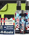 Koala eyeglass lens cleaner spray kit with 2x 8oz bottles, 1x 2oz bottle, and 3 microfiber cloths