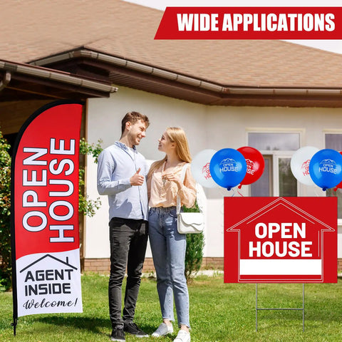 Open House Signs Kit With Flag And Poles 36 Piece Real Estate Yard Sign Set displayed with couple and balloons