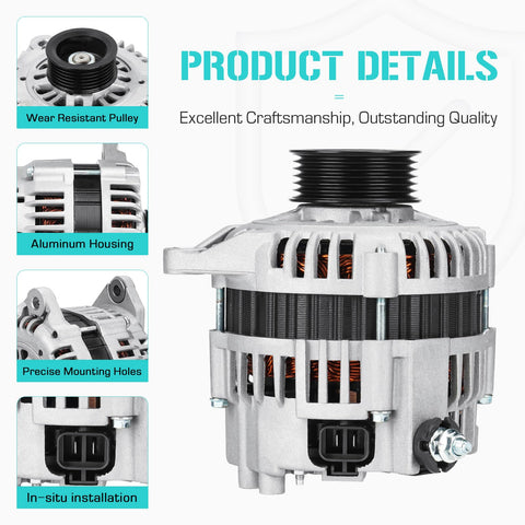 12V High-Output Alternator Replacement For Pathfinder 3.3L 1997 1998 1999 2000, detailed side view showing aluminum housing