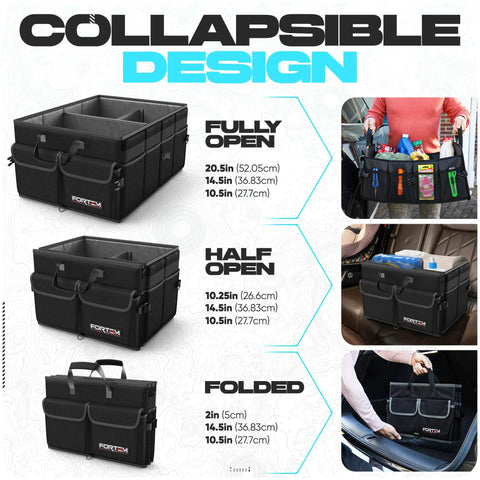 Must Have SUV Trunk Organizer Foldable 50L Storage Sturdy Box Design With 600D Oxford shown fully, half open, folded