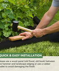 Person installing Heavy Duty Galvanized Steel Landscape Edging Kit With No Dig Hammer In Border System using wood panel and mallet
