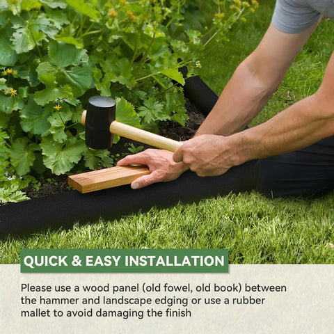 Person installing Heavy Duty Galvanized Steel Landscape Edging Kit With No Dig Hammer In Border System using wood panel and mallet