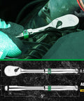 One Quarter Inch Drive Ratchet Handle With Pear Head For Tight Spots in use, alloy steel, chrome finish, 5 inch length, automotive repair