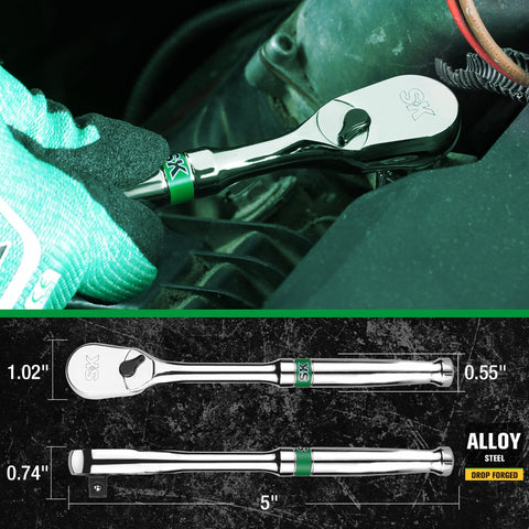 One Quarter Inch Drive Ratchet Handle With Pear Head For Tight Spots in use, alloy steel, chrome finish, 5 inch length, automotive repair