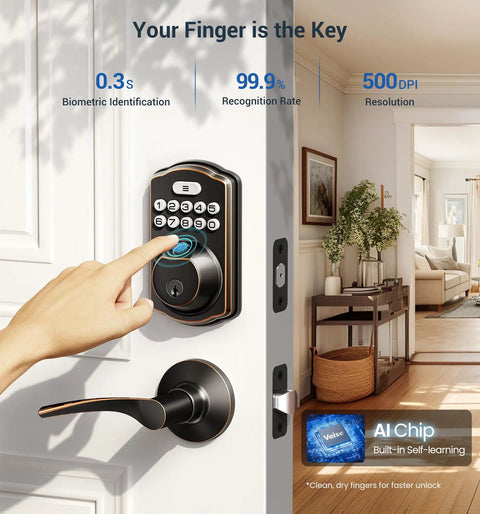 Hand using Fast Unlocking Fingerprint Door Lock With Two Lever Handles, Keyless Entry, Electronic Keypad Deadbolt Digital Smart Code