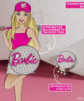 Barbie Chasing Birdies Golf Divot Tool And Ball Marker Set with hat clip, featuring Barbie figure design on pink background.