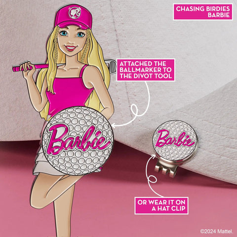 Barbie Chasing Birdies Golf Divot Tool And Ball Marker Set with hat clip, featuring Barbie figure design on pink background.