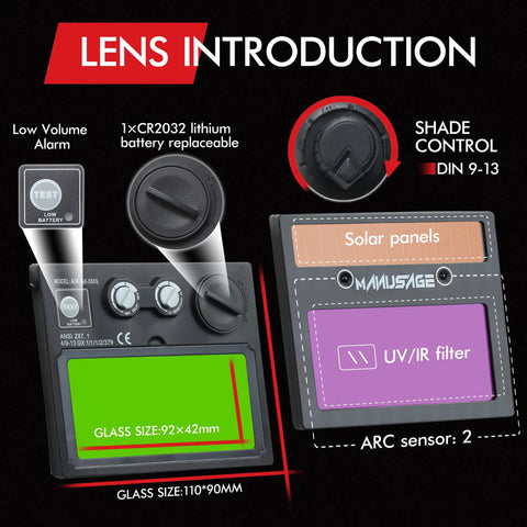 Lens components of Solar Powered Auto Darkening Welding Helmet With Wide Shade 9 To 13 For TIG MIG ARC Welds displayed.