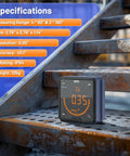 Built Tough Digital Angle Gauge And Bevel Finder With Rock Solid Magnetic Base and Bright Backlit Screen on metal stairs with specifications.