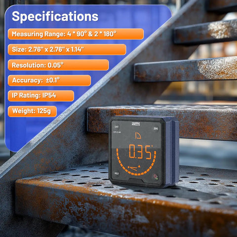 Built Tough Digital Angle Gauge And Bevel Finder With Rock Solid Magnetic Base and Bright Backlit Screen on metal stairs with specifications.