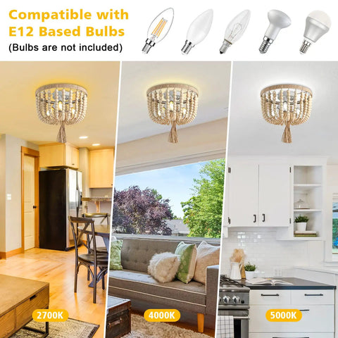 Wood Beaded Chandelier Boho Farmhouse Semi Flush Mount Ceiling Light Fixture With 3 Light E12 Base in kitchen and living rooms