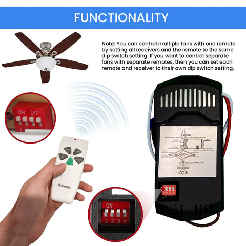 Ceiling Fan Remote Control Kit With 3 Speed Settings And Light Dimming Easy To Program And Install Compact Design Wall Mount Included Designed For Quick Setup And Reliable Performance In Any Room, showing remote, control unit, fan, and dip switches.