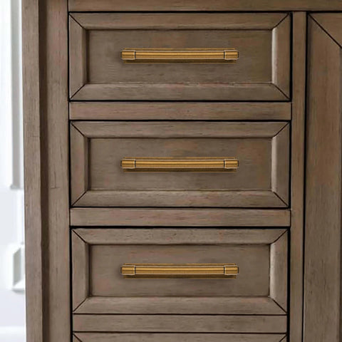 Installed Five Pack Five Inch Center To Center Champagne Bronze Finish Cabinet Pulls With Backplates Zinc Alloy on drawers