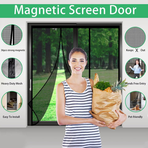Woman carrying groceries through magnetic screen door with self sealing design, heavy duty fiberglass mesh, hands free entry.