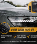 Car headlight featuring water beading effect from 9H PRO Ceramic Coating Kit For Cars, Glass, Plastic and Wheels, DIY Hydrophobic Exterior Care.