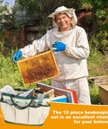 Beekeeper with frame from All In One Beekeeping Starter Kit For Beginners With 12 Tools Including Bee Smoker Bee Brush Frame Grip