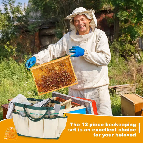 Beekeeper with frame from All In One Beekeeping Starter Kit For Beginners With 12 Tools Including Bee Smoker Bee Brush Frame Grip