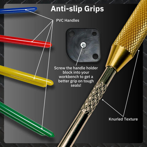 Anti-slip grips and knurled texture of Six Piece Seal Twistor Tool Set With Two Sided Seal Pick And Surface Mount Handle