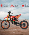 HAPPYRUN F18 Electric Dirt Bike Mid-Drive Motor 6000W Peak with size dimensions and weight specifications shown on a dirt track.