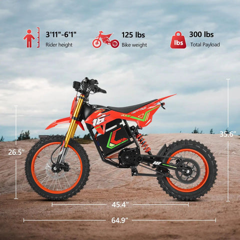 HAPPYRUN F18 Electric Dirt Bike Mid-Drive Motor 6000W Peak with size dimensions and weight specifications shown on a dirt track.