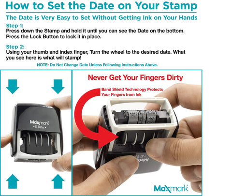 How to set the date on the Built Tough Self Inking Date Stamp With Bright Red Ink and quick spin wheels, hands avoiding ink.