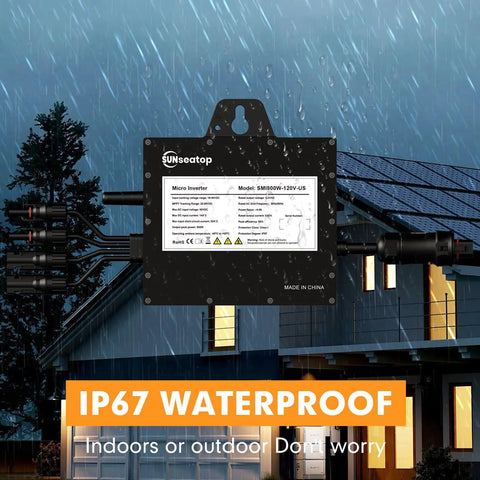 Solar Grid Tie Micro Inverter 800W SMI800W with app real time monitoring showcased with IP67 waterproof rating against rain.