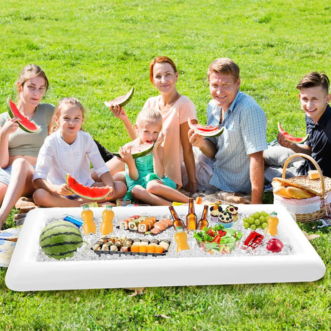 Family enjoying a picnic with a Large Inflatable Ice Serving Bar For Food And Drinks, Floating Buffet Cooler Tray With Drain Plug