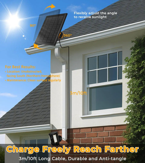 8W Solar Panel Charger for Stick Up Cam Battery and Spotlight Cam Battery on roof with 10ft cable and 360° mount, IP65 waterproof.