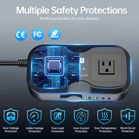 Tough Car Power Inverter Converts 12V DC To 110V AC featuring safety protections, AC outlet, compact design for cars