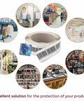 2x2 Inch White RF 8.2MHz Paper Security Labels With Fake Barcode Checkpoint Compatible Anti Theft EAS Loss Prevention For Retail Inventory 1000 Labels Easy To Use Security Solution, surrounded by retail environment images.