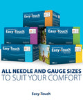 Array of EasyTouch insulin syringes boxes featuring various needle sizes for comfort, displayed against a blue background